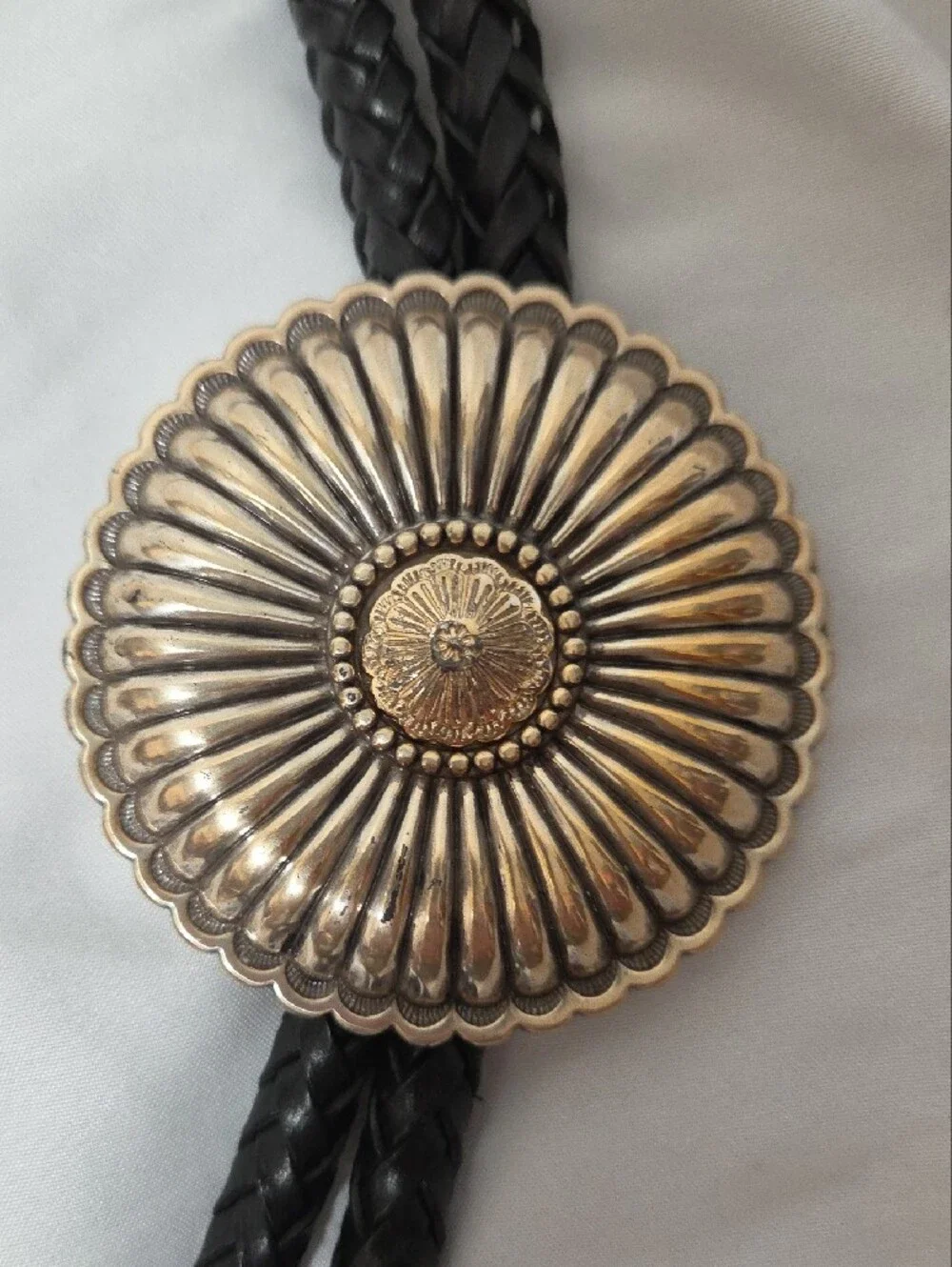 Black Braided Leather Bolo Tie, Silver-Tone Flower Slide